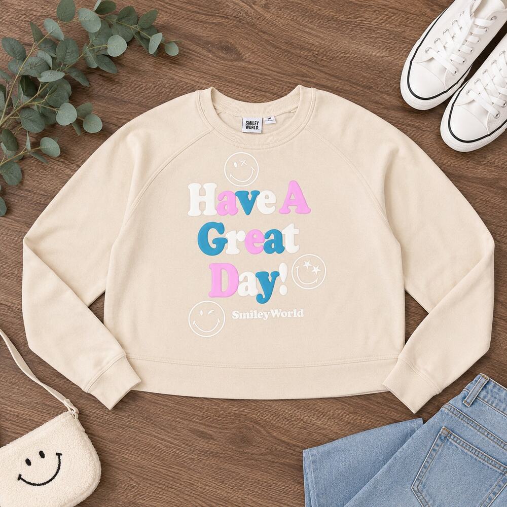 SmileyWorld Have A Great Day Graphic Sweatshirt XS Cream Pullover